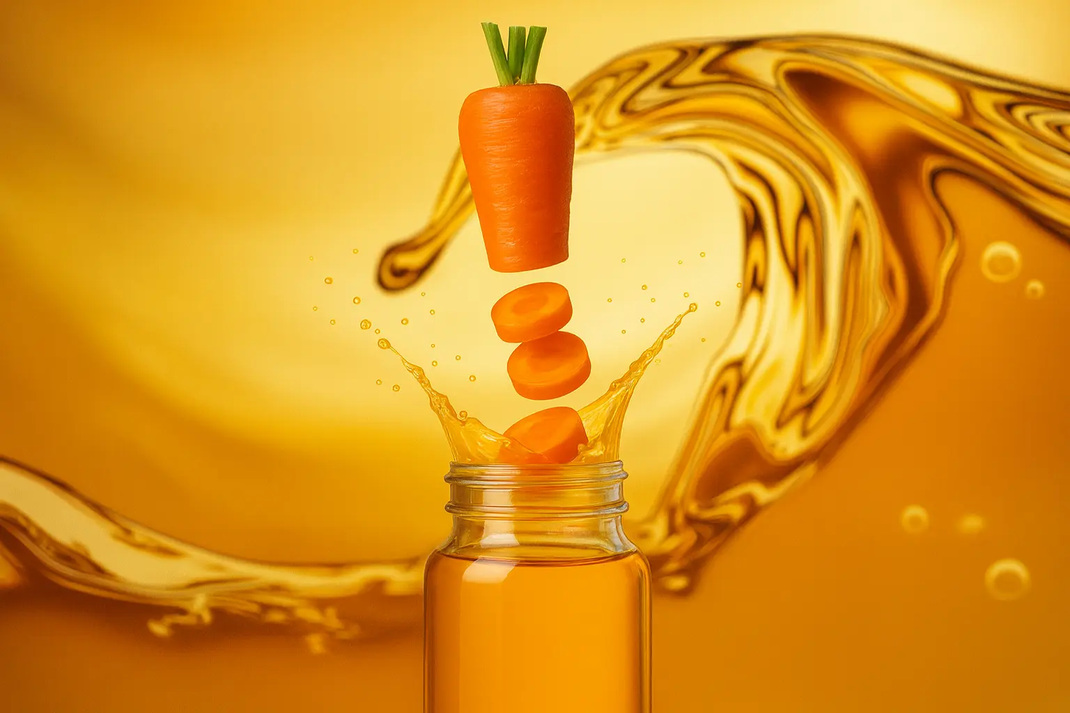 carrot slices splashing into a glass jar of oil, illustrating natural carrot oil for skincare.