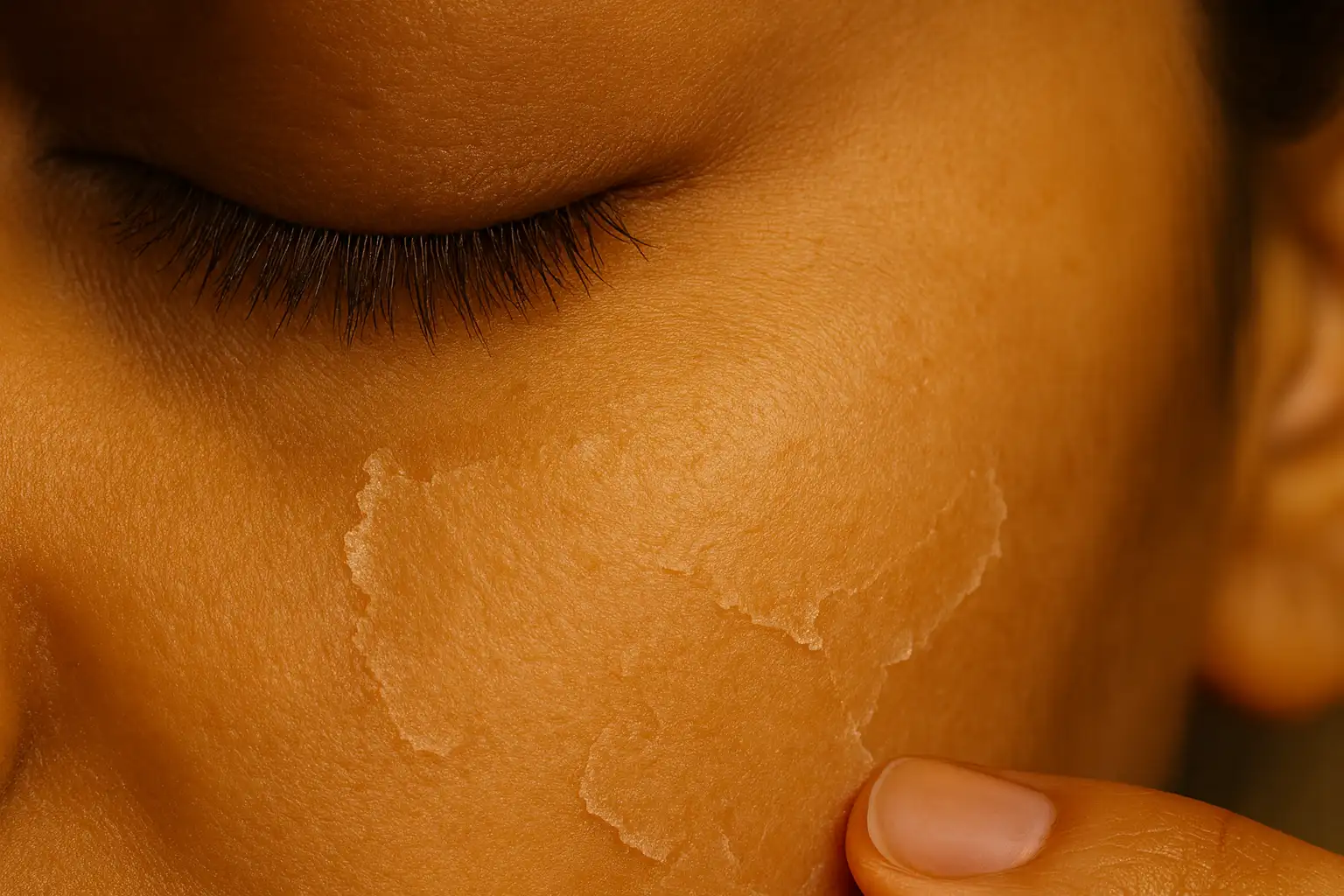 girl’s flaky, peeling cheek skin showing dryness, highlighting natural oil for skincare.