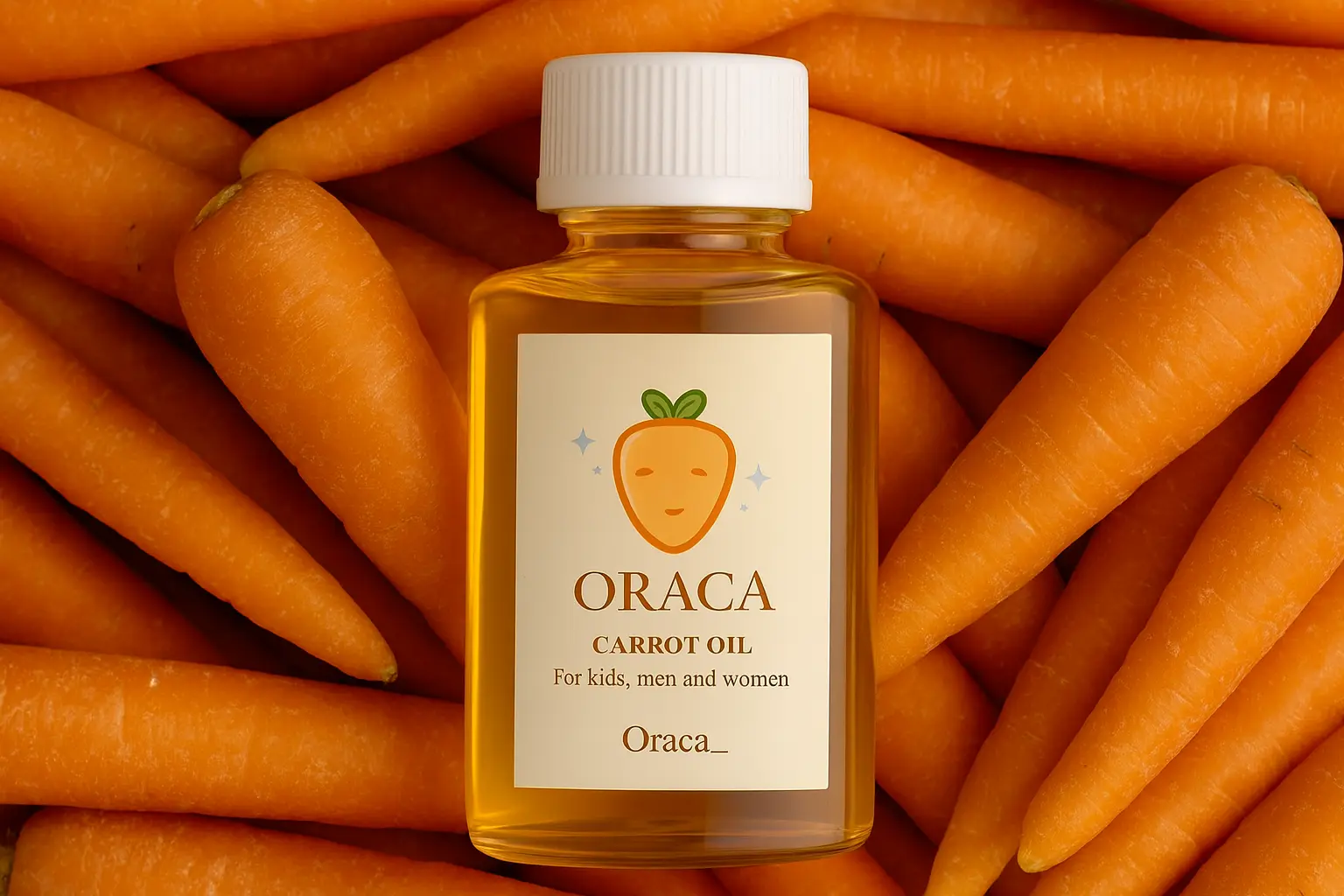 oraca carrot oil bottle with real carrots in the background, highlighting natural oil for skincare.