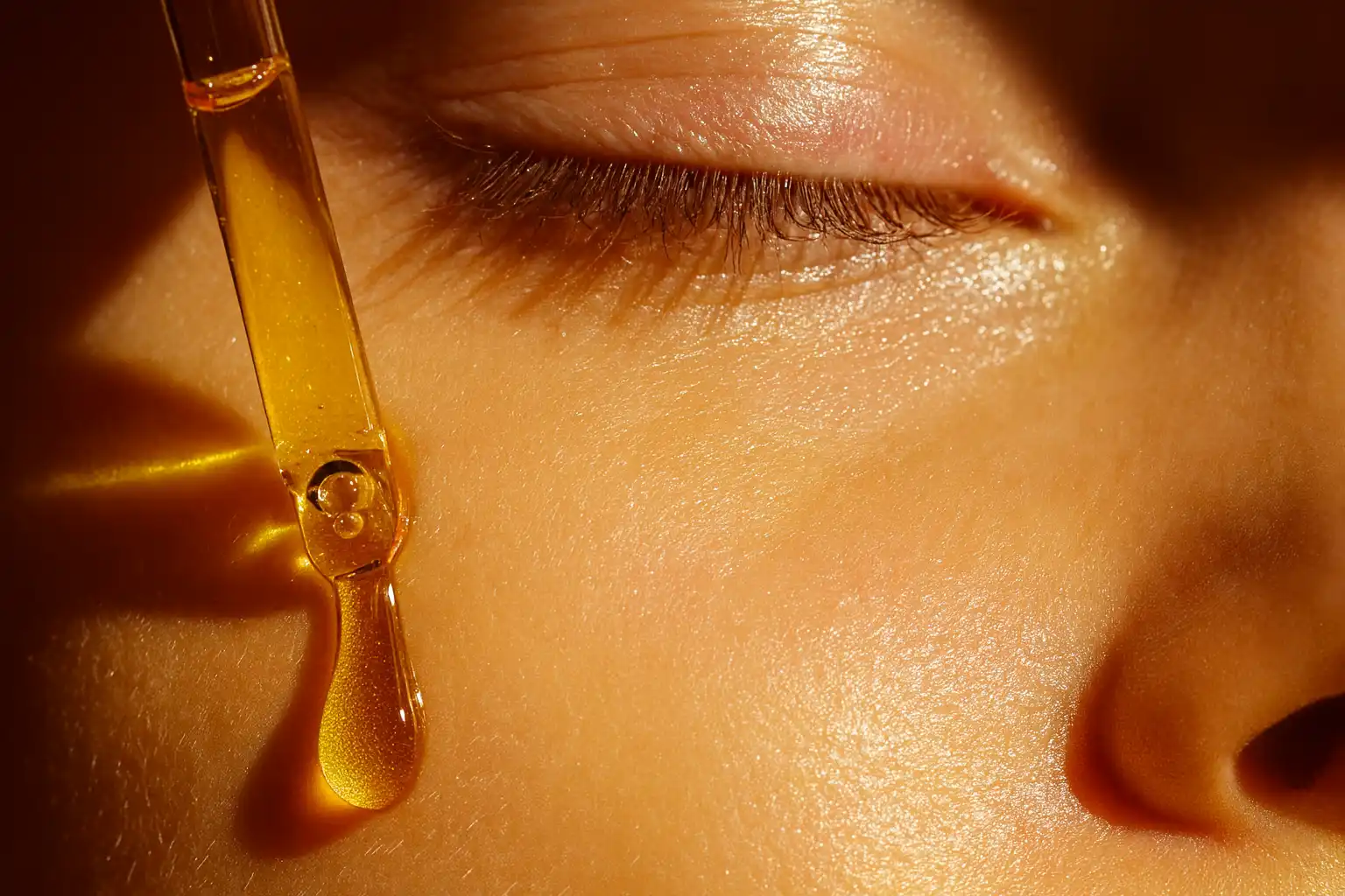 close-up of a girl applying oraca organic oil for skincare to her cheek.